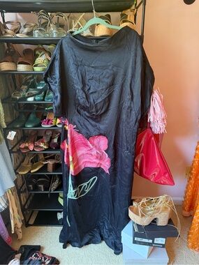 Black Maxi Dress with Pink Floral Accent